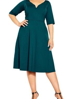 City Chic Teal Blue Split Sweetheart V-Neck A-Line Skater Dress